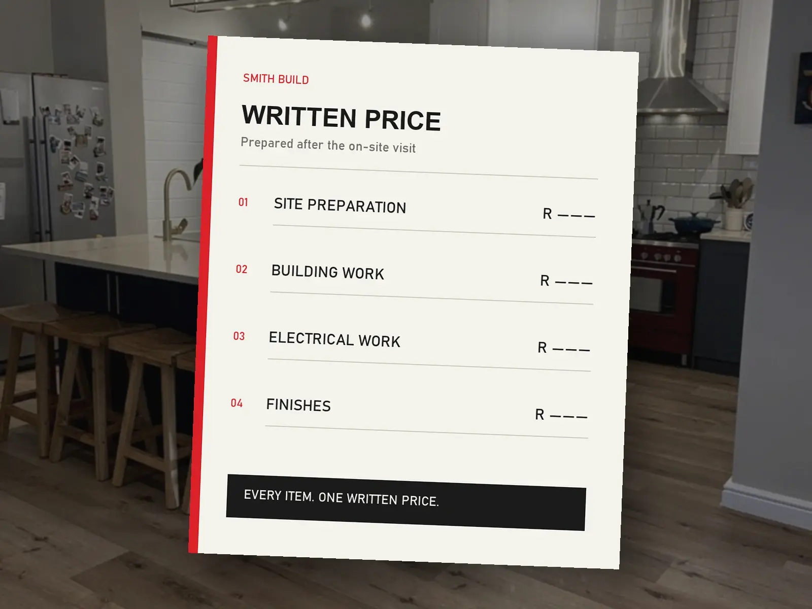 A detailed Smith Build quote document shown in a completed kitchen