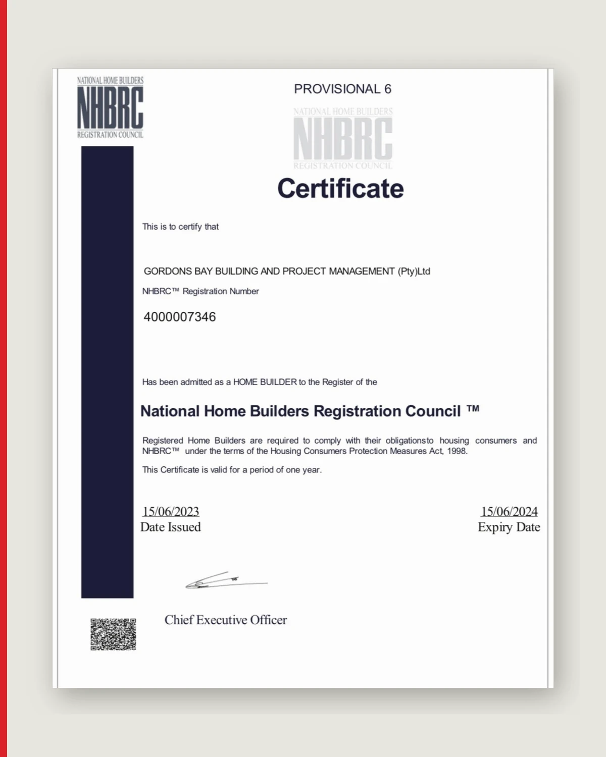 Photograph of the company NHBRC registration certificate, admitting it to the register of the National Home Builders Registration Council.